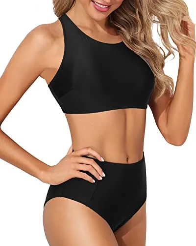Athletic Crop Top Sporty High Waisted Bikini Set-Black