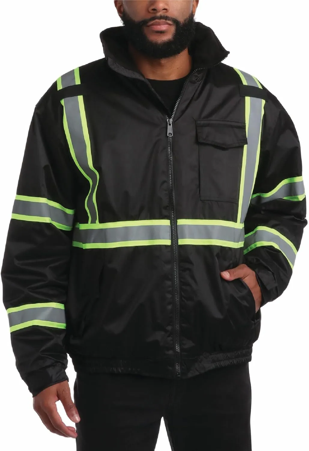 Bass Creek Outfitters Men's High Visibility Safety Jacket - Heavy Duty Waterproof Workwear with Packable Hood (Sizes: M-XXL)