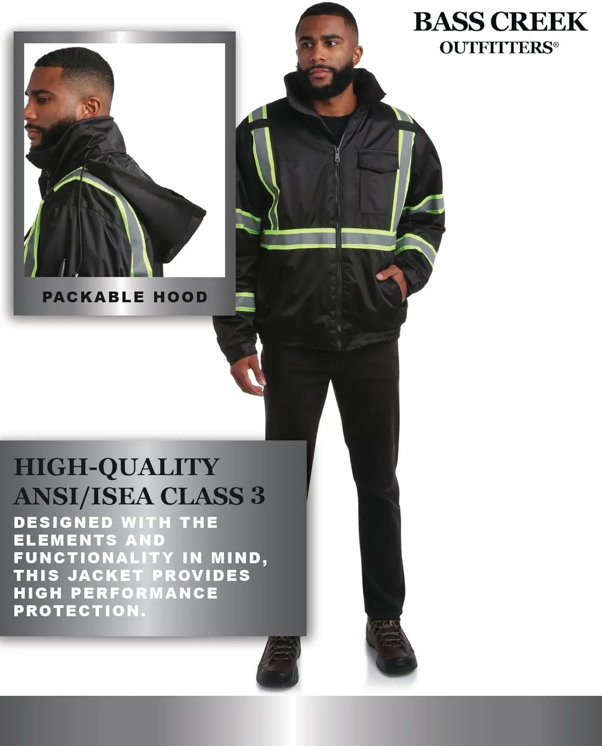 Bass Creek Outfitters Men's High Visibility Safety Jacket - Heavy Duty Waterproof Workwear with Packable Hood (Sizes: M-XXL)