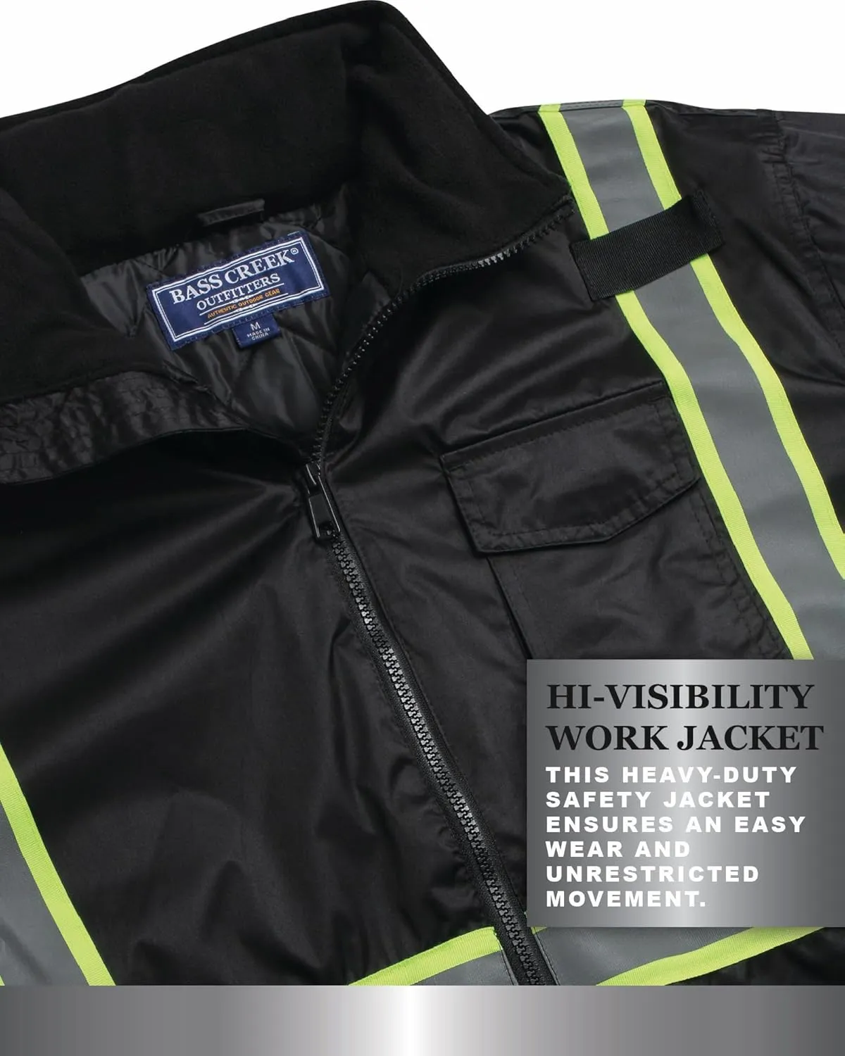 Bass Creek Outfitters Men's High Visibility Safety Jacket - Heavy Duty Waterproof Workwear with Packable Hood (Sizes: M-XXL)
