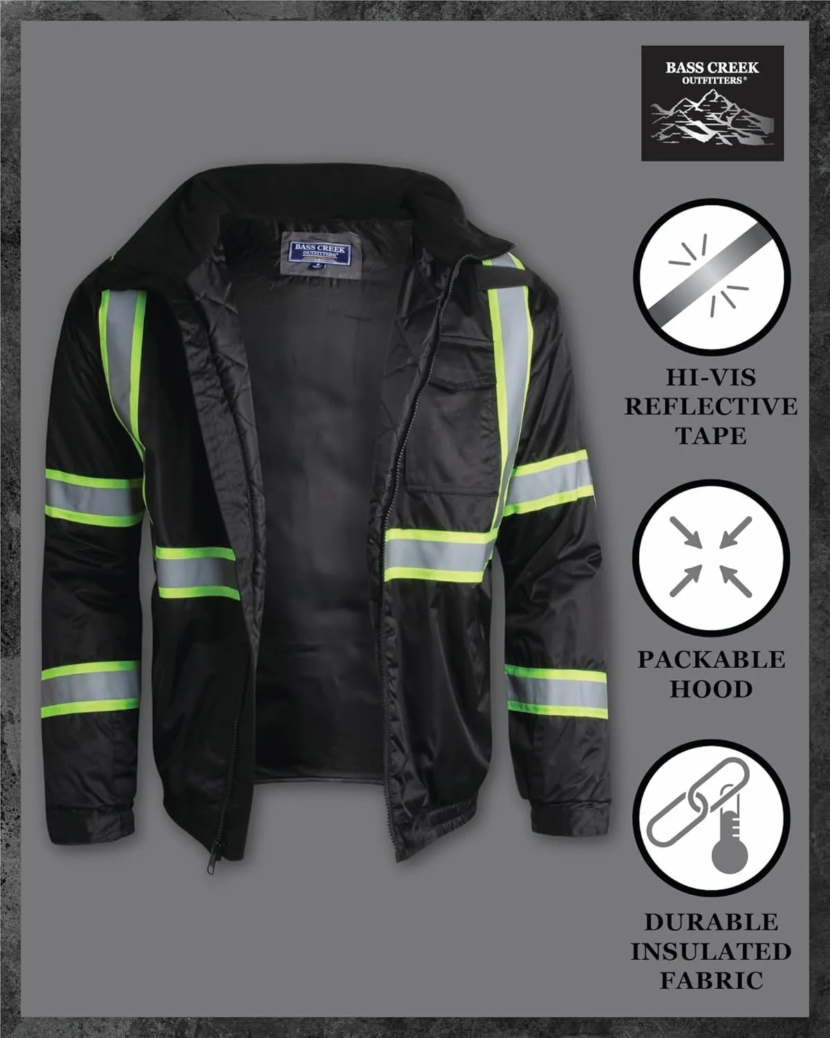 Bass Creek Outfitters Men's High Visibility Safety Jacket - Heavy Duty Waterproof Workwear with Packable Hood (Sizes: M-XXL)