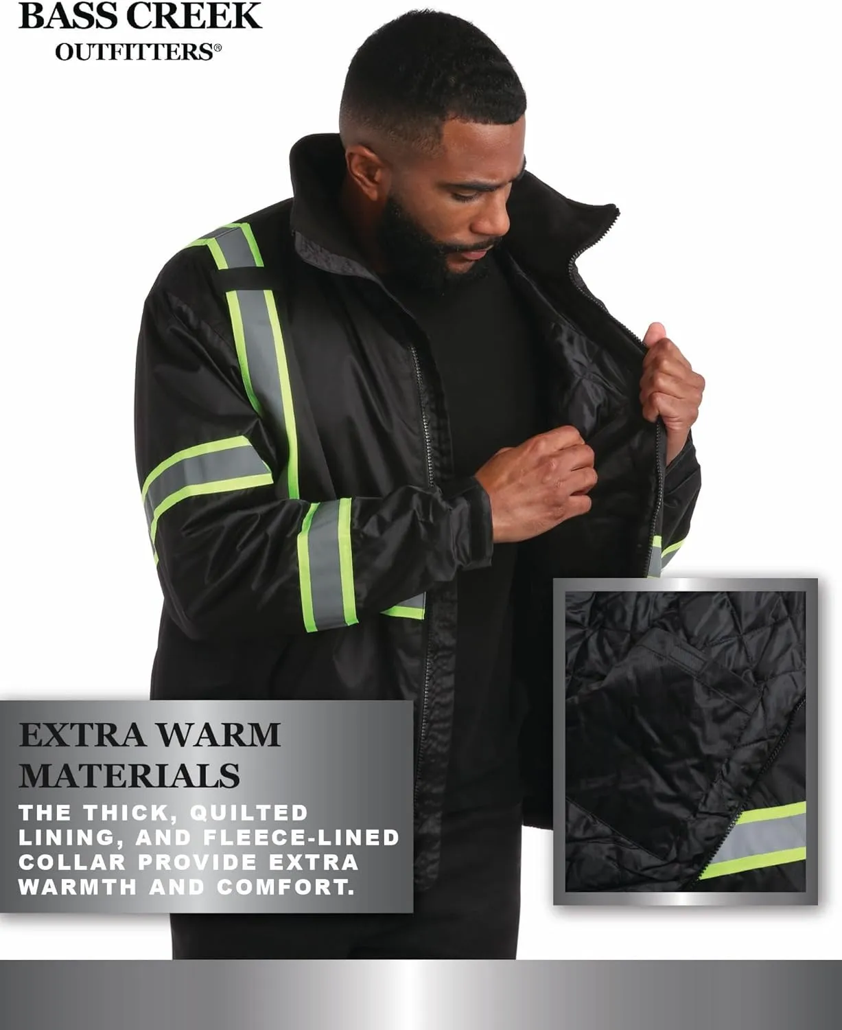 Bass Creek Outfitters Men's High Visibility Safety Jacket - Heavy Duty Waterproof Workwear with Packable Hood (Sizes: M-XXL)
