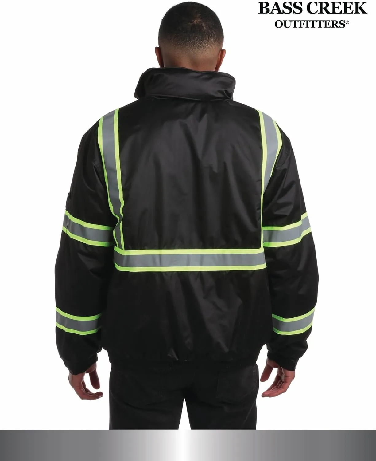 Bass Creek Outfitters Men's High Visibility Safety Jacket - Heavy Duty Waterproof Workwear with Packable Hood (Sizes: M-XXL)