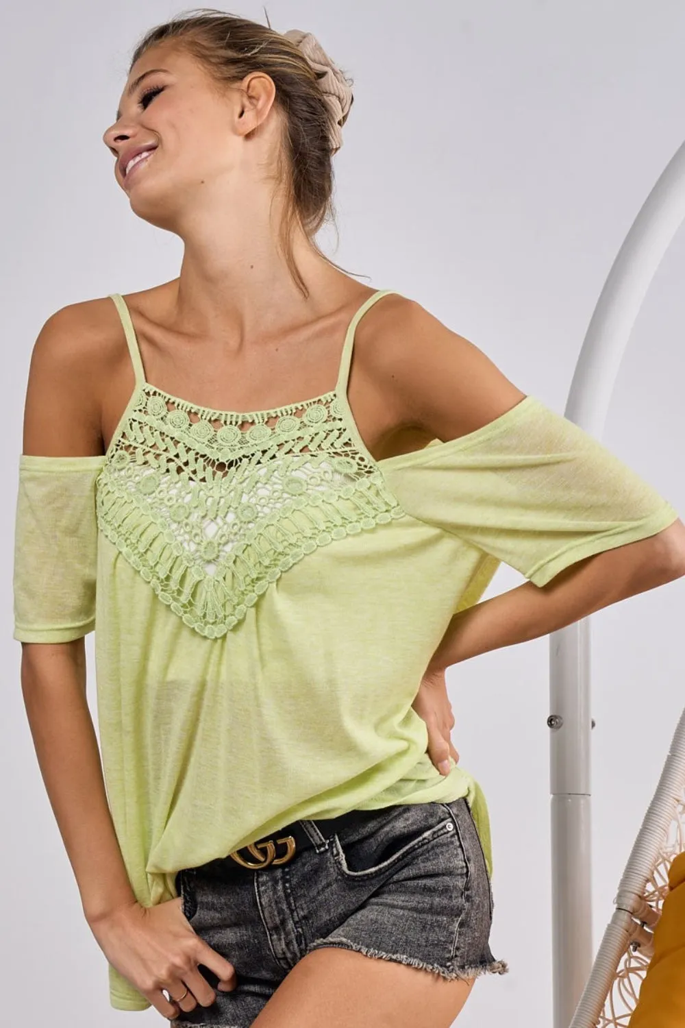 BiBi Front Crochet Lace Adjustable Strap Top in Lime