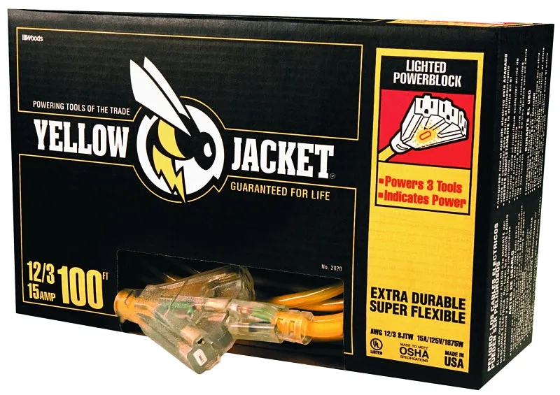 CCI 2820 Power Block, 100 ft L, 3 -Outlet, 15 A, 125 V, Yellow Sheath :EA: QUANTITY: 1