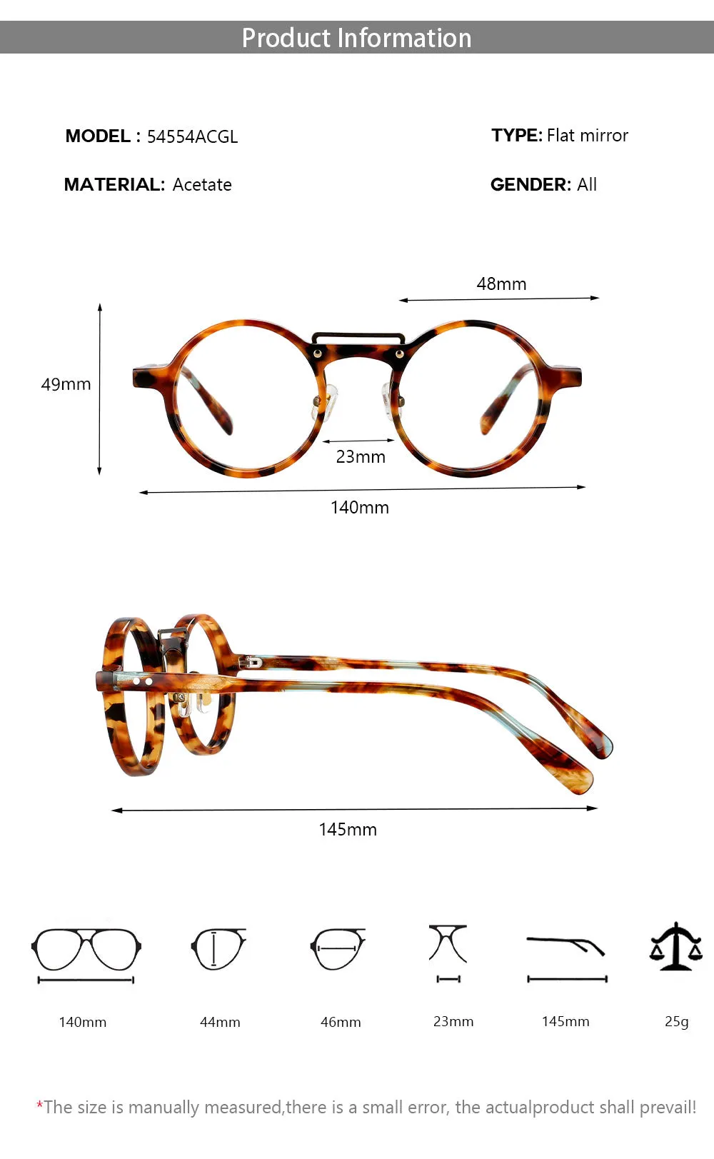 CCspace Unisex Full Rim Round Acetate Alloy Double Bridge Eyeglasses 54554