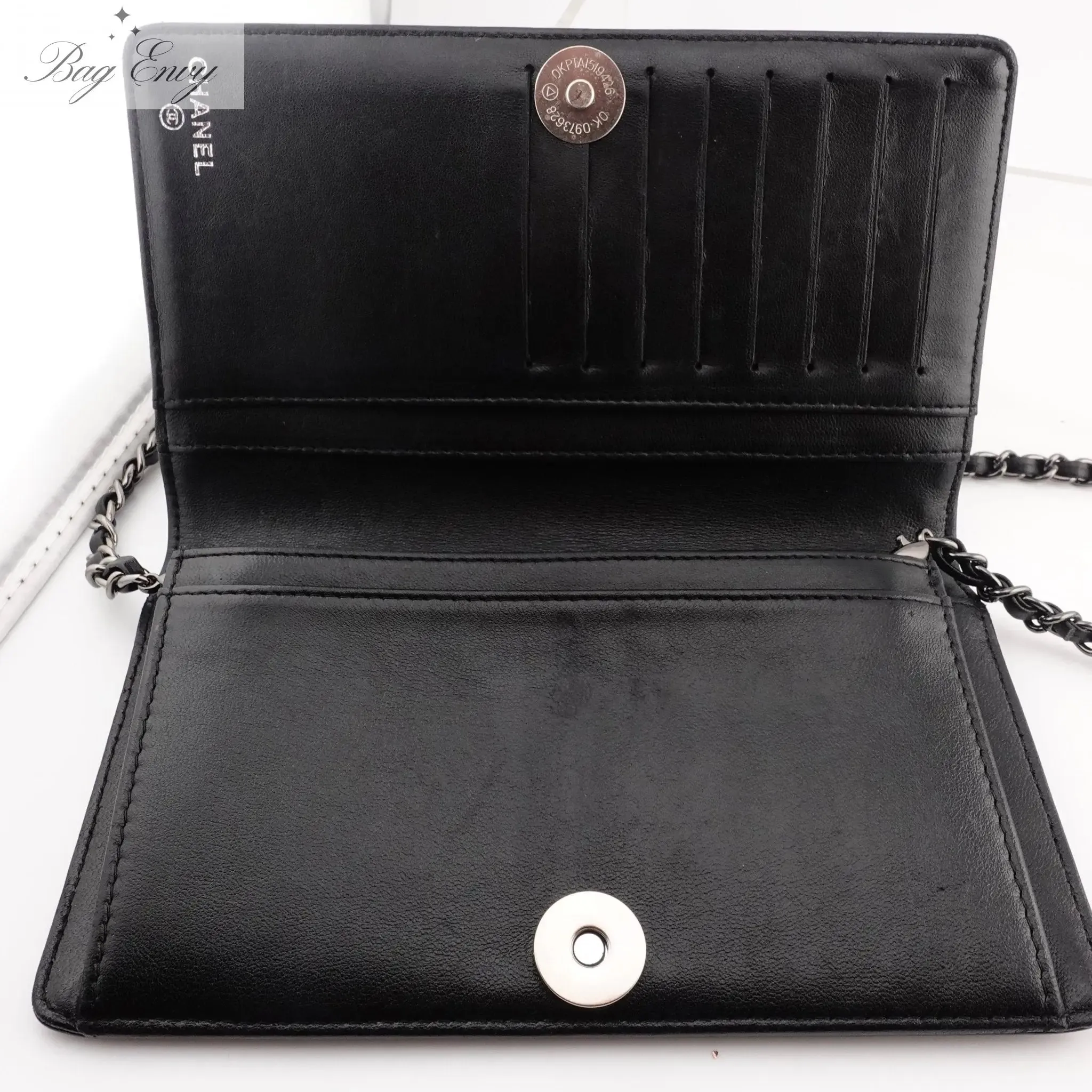 CHANEL Calfskin Chain CC Logo Bifold Wallet with Adjustable Chain