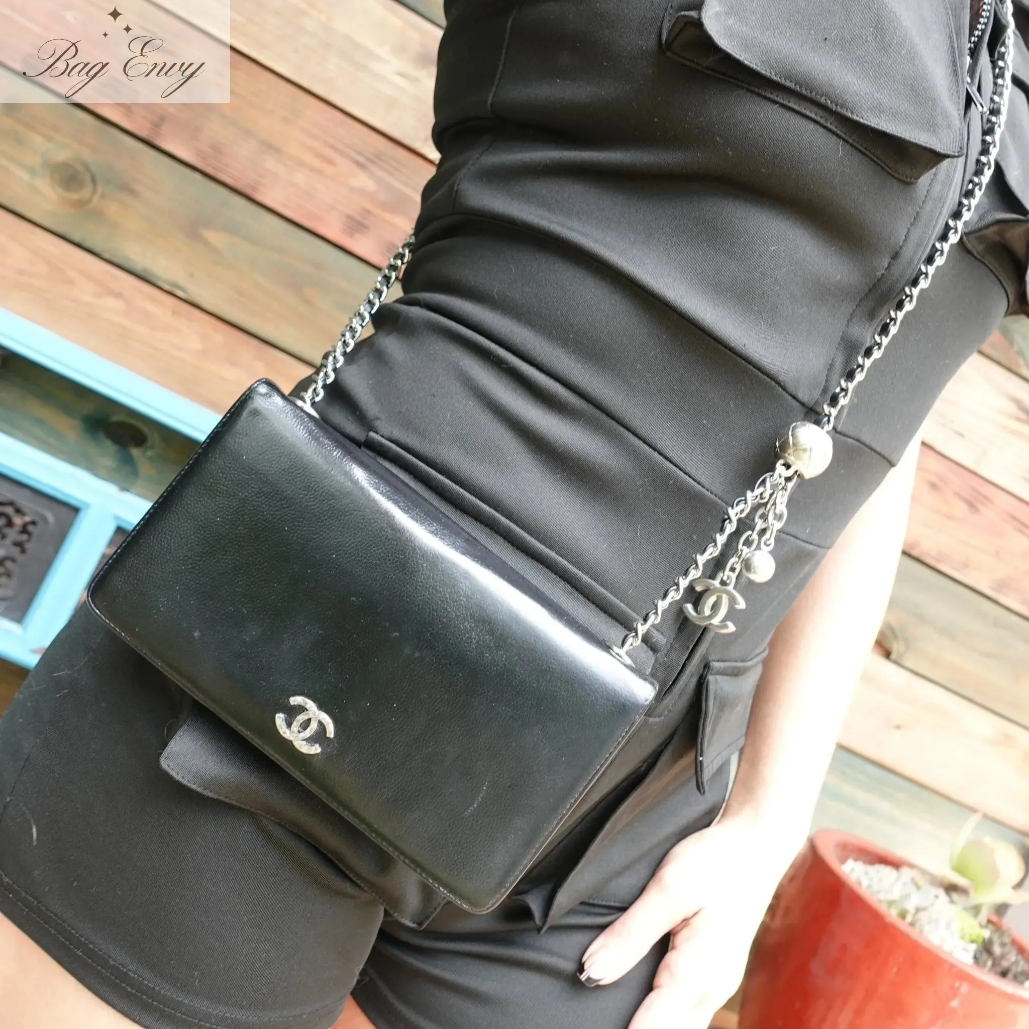 CHANEL Caviar Bifold Wallet on Adjustable Chain