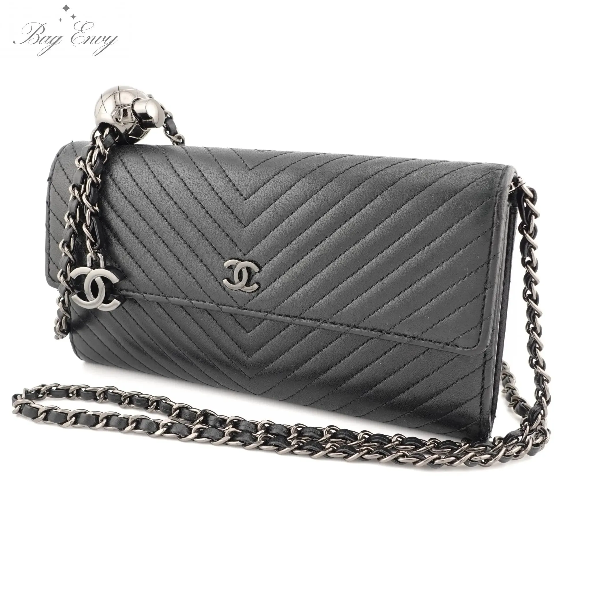 CHANEL Lambskin Chevron Long Flap Wallet On Adjustable Chain