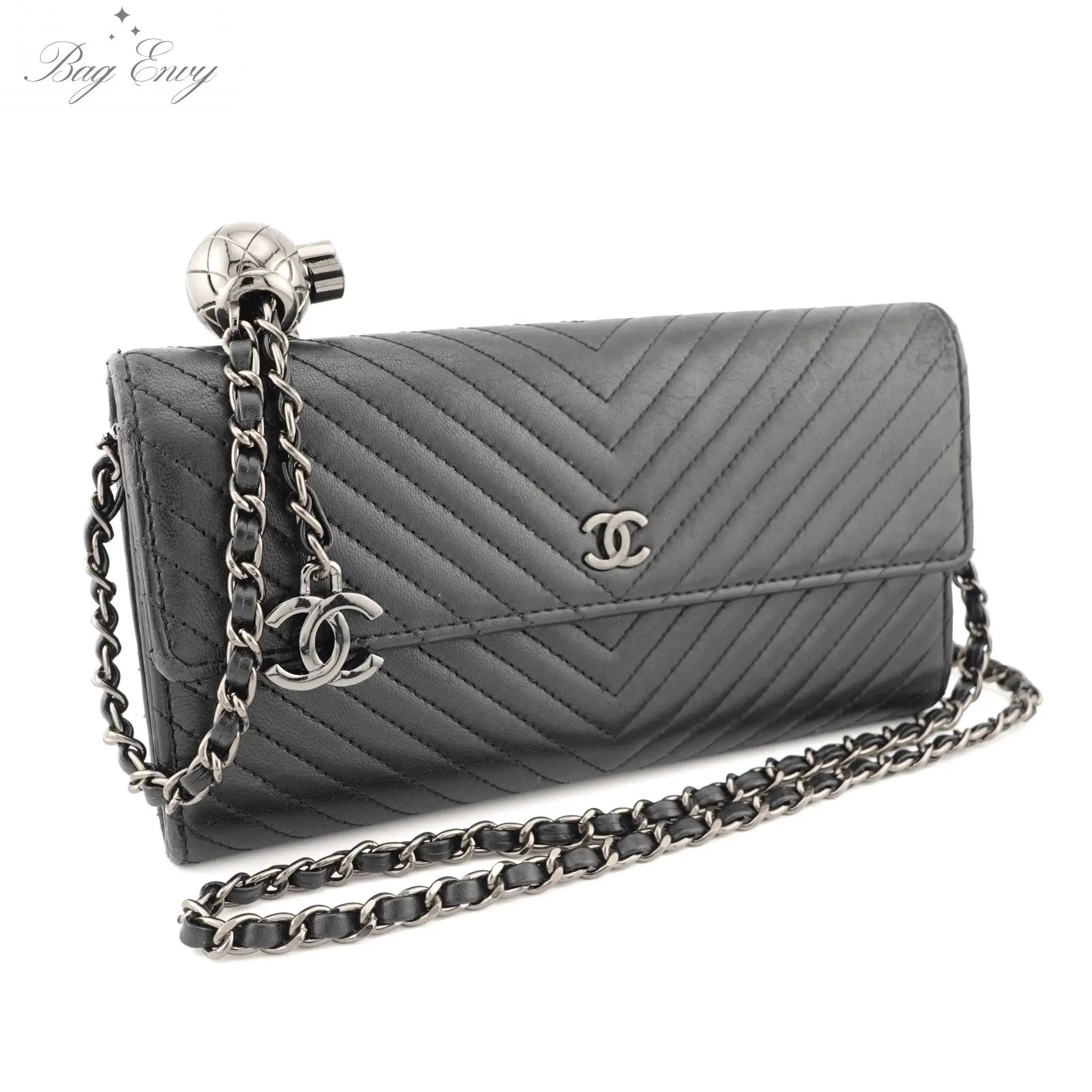 CHANEL Lambskin Chevron Long Flap Wallet On Adjustable Chain
