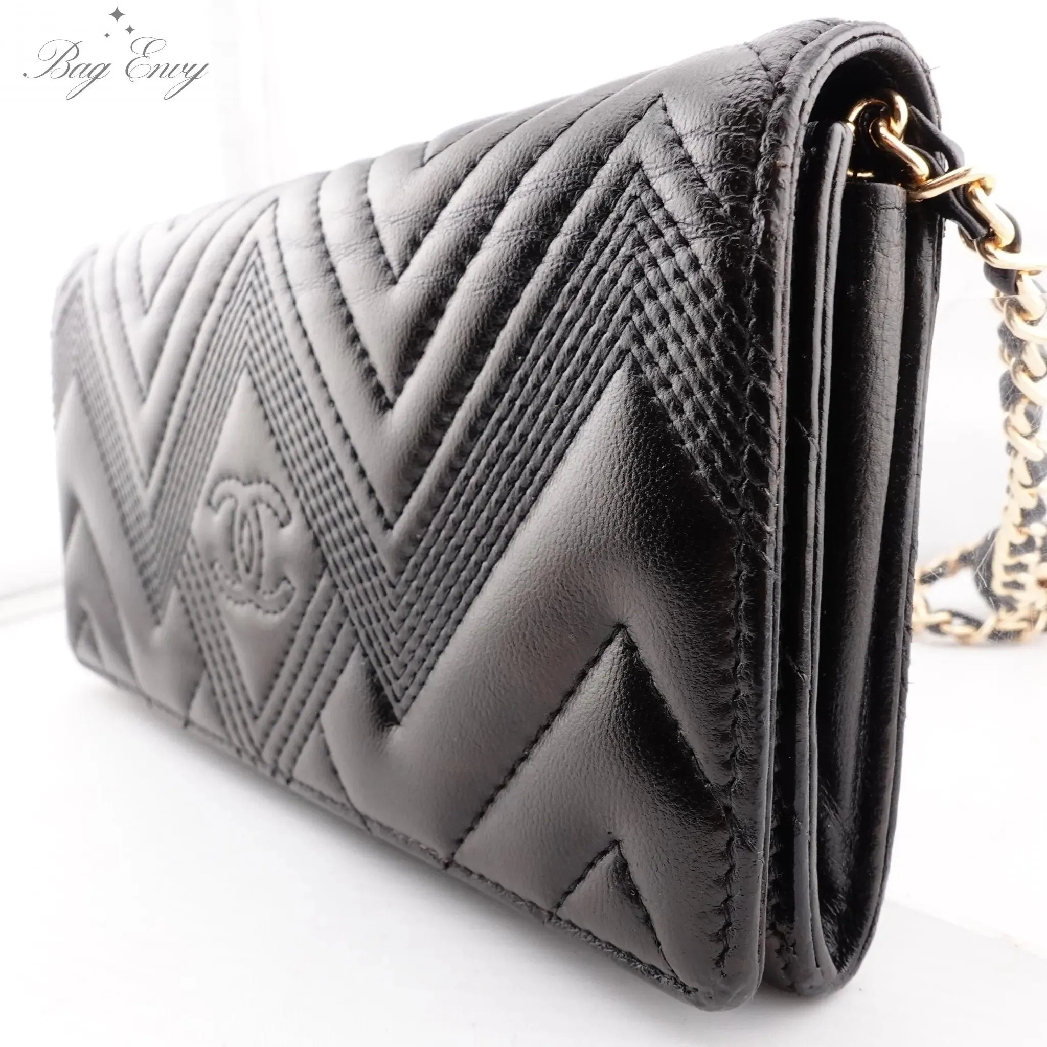 CHANEL Lambskin Chevron Quilted Full Flap Wallet with Adjustable Chain