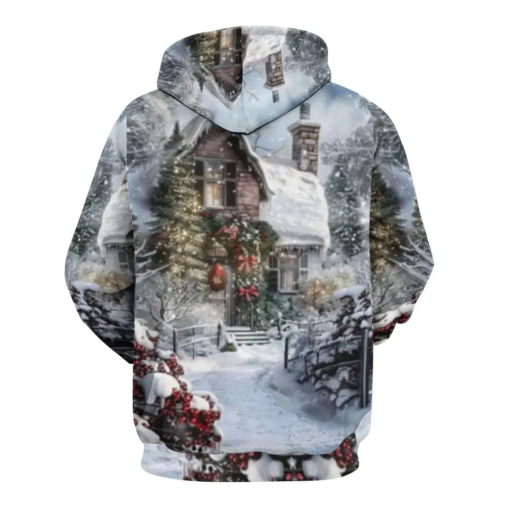 Christmas Winter Snow House Graphic Pullover With Kangaroo Pocket Hoodies
