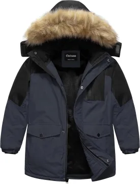 Chrisuno Boy's Med-length Parka Winter Coat Waterproof Outwear Ski Snow Jackets Thick Padded Insulated Windbreaker