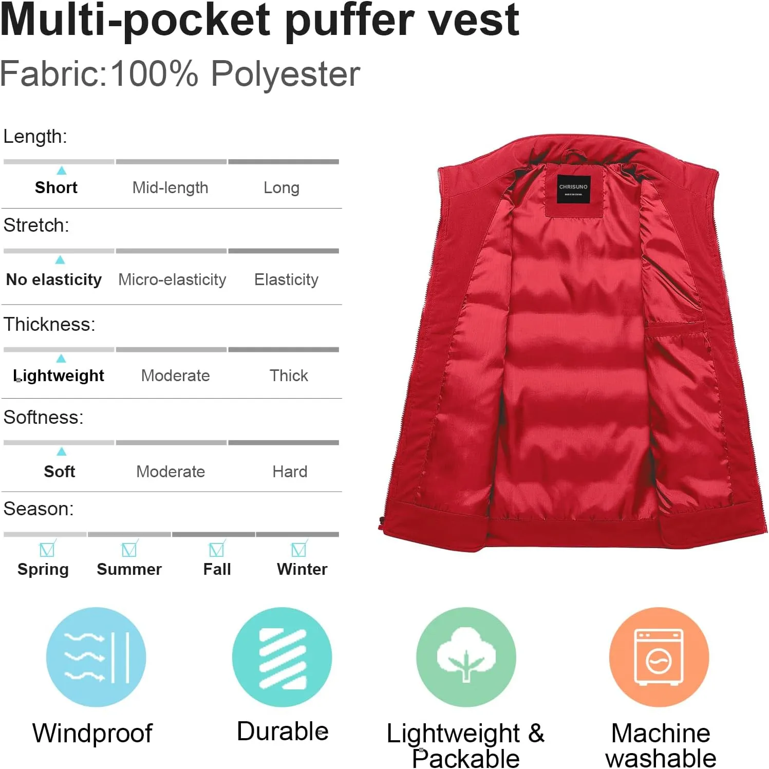 Chrisuno Men's Puffer Vest Casual Stand Collar Quilted Waistcoat Outdoor Padded Ski Vest