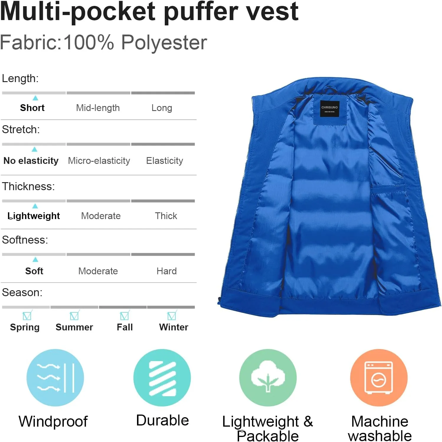 Chrisuno Men's Puffer Vest Casual Stand Collar Quilted Waistcoat Outdoor Padded Ski Vest