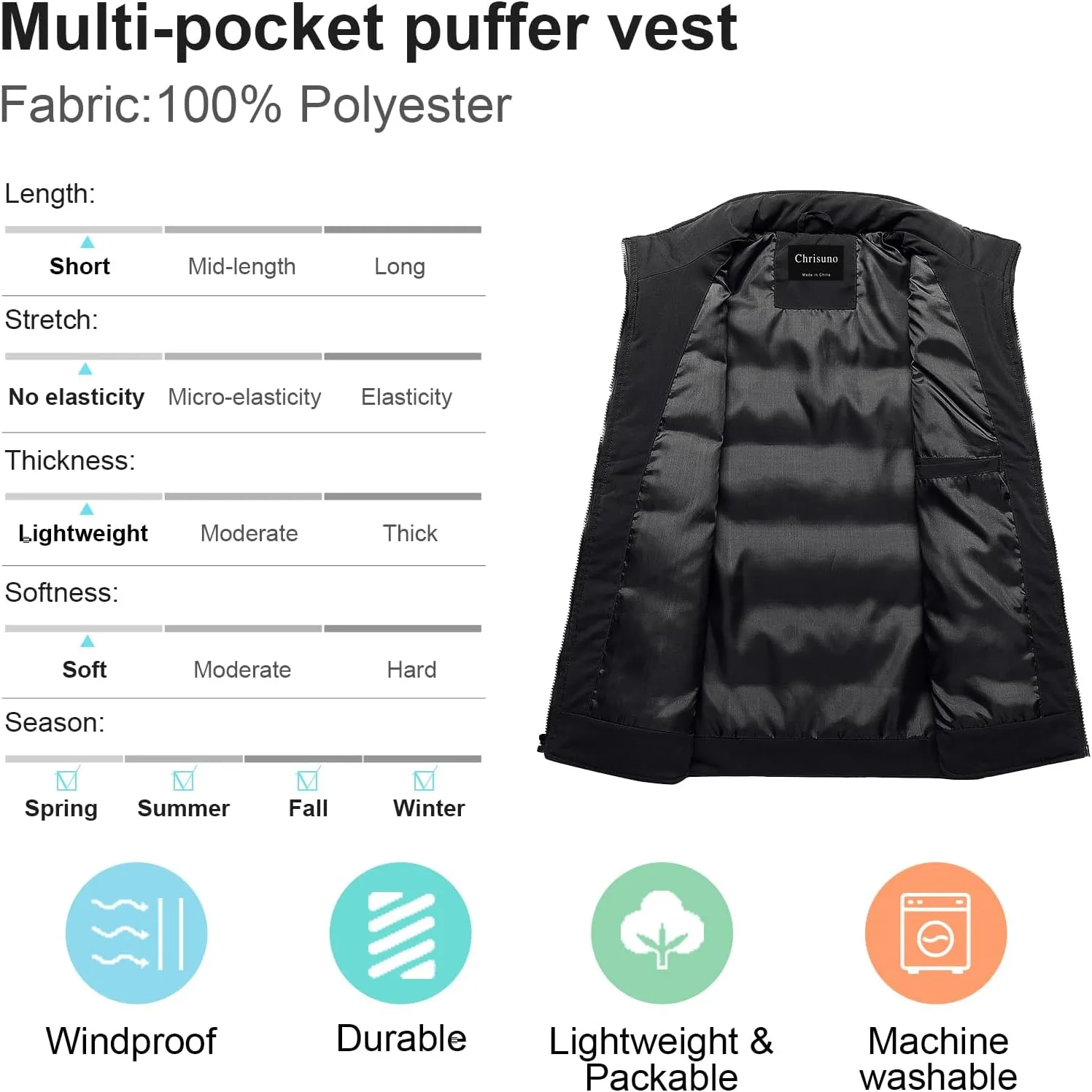 Chrisuno Men's Puffer Vest Casual Stand Collar Quilted Waistcoat Outdoor Padded Ski Vest