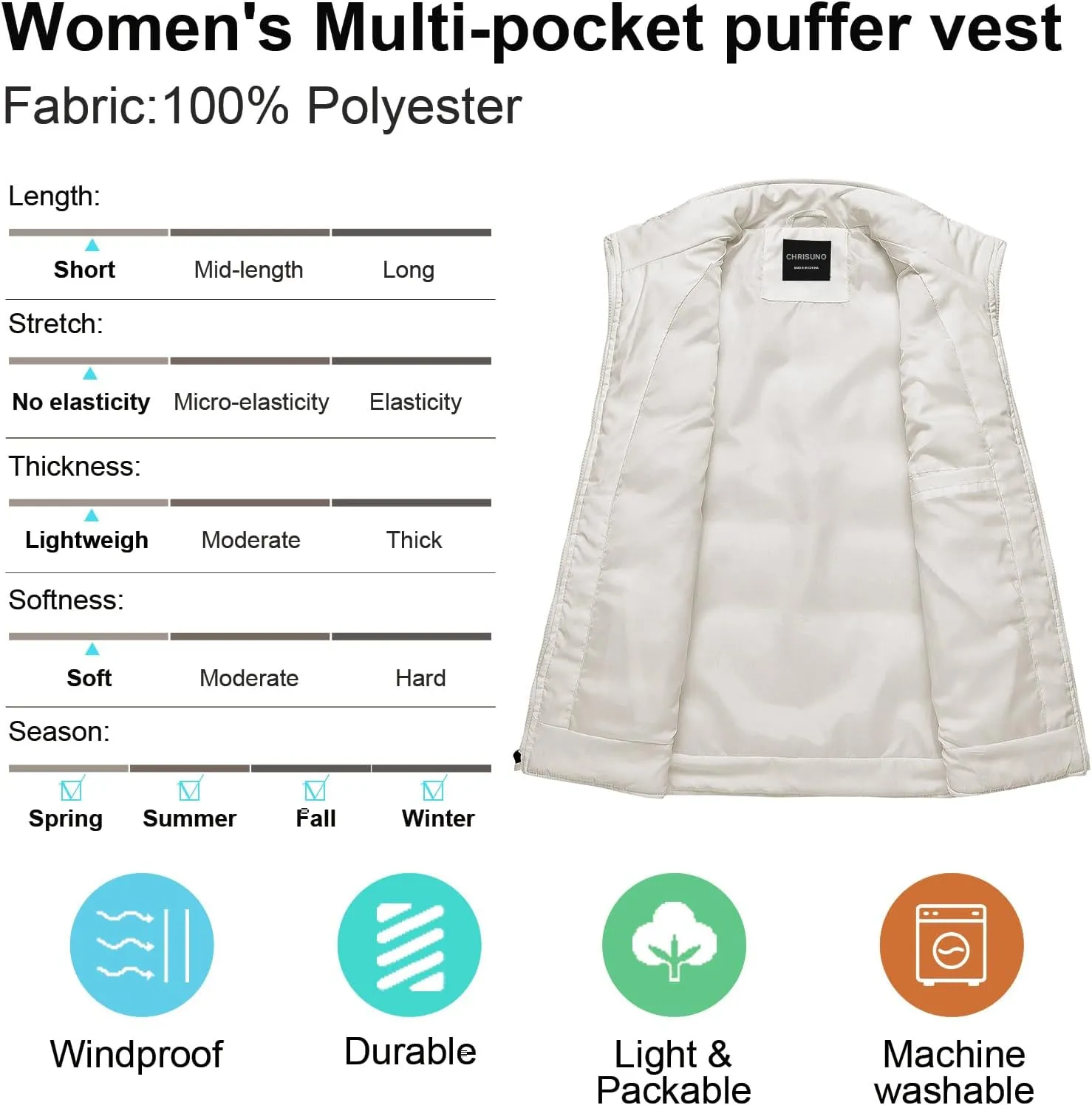 Chrisuno Women's Puffer Vest Casual Stand Collar Quilted Waistcoat Outdoor Padded Ski Vest