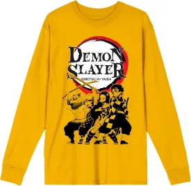 Demon Slayer Oversized Character Group Shot & Logo Men's Yellow Crew Neck Long Sleeve Tee