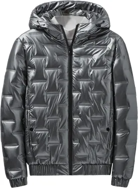 DGHM-JLMY Men's Glossy Padded Winter Hood Coat Metallic Full Zip Down Quilted Puffer Jacket Warm Plus Size Shiny Hooded Coat