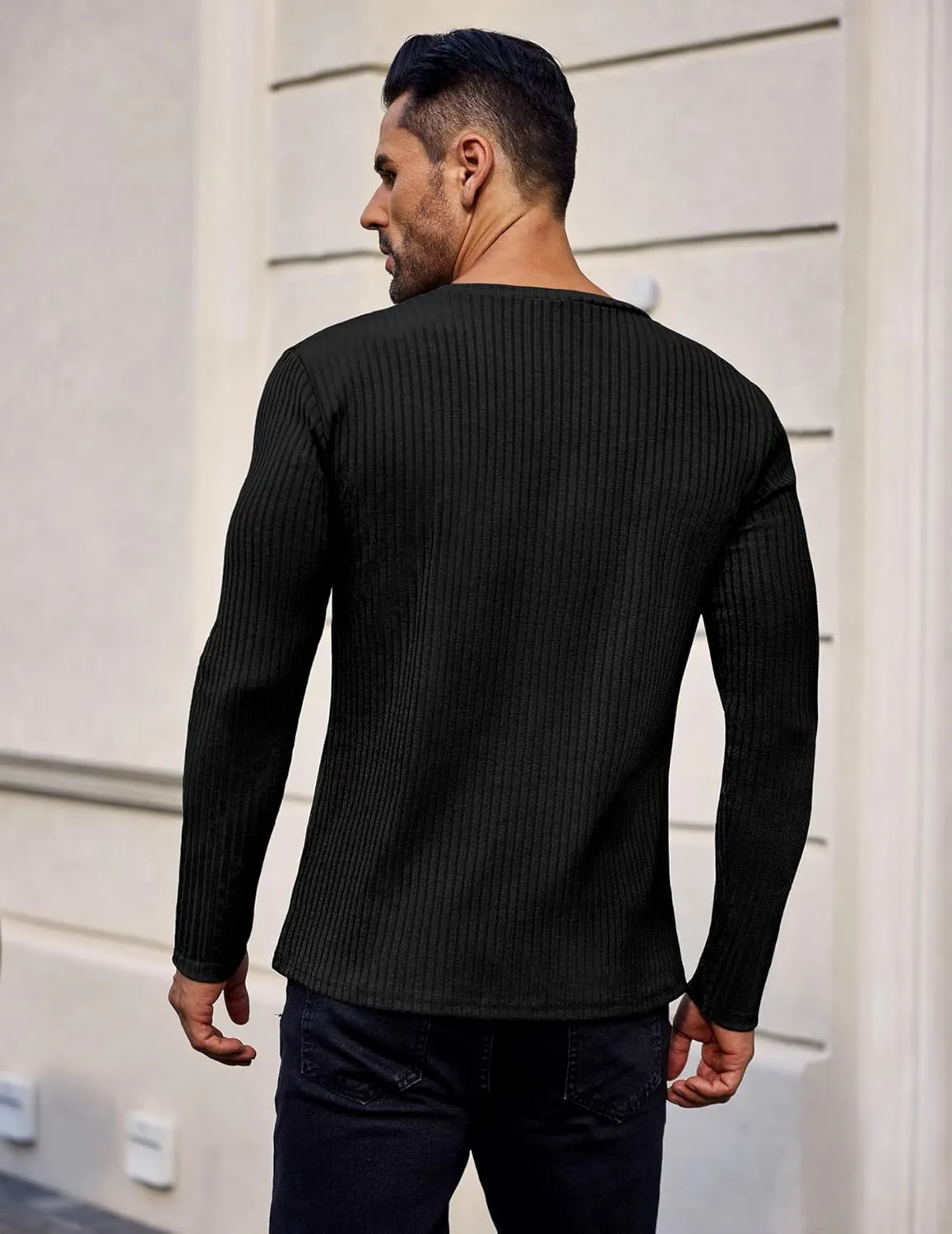 Ekouaer Men's Long Sleeve Shirts Ribbed Pullover Sweater Sim Fit Thermal Tops Crew Neck Stretchy Undershirts S-XXL