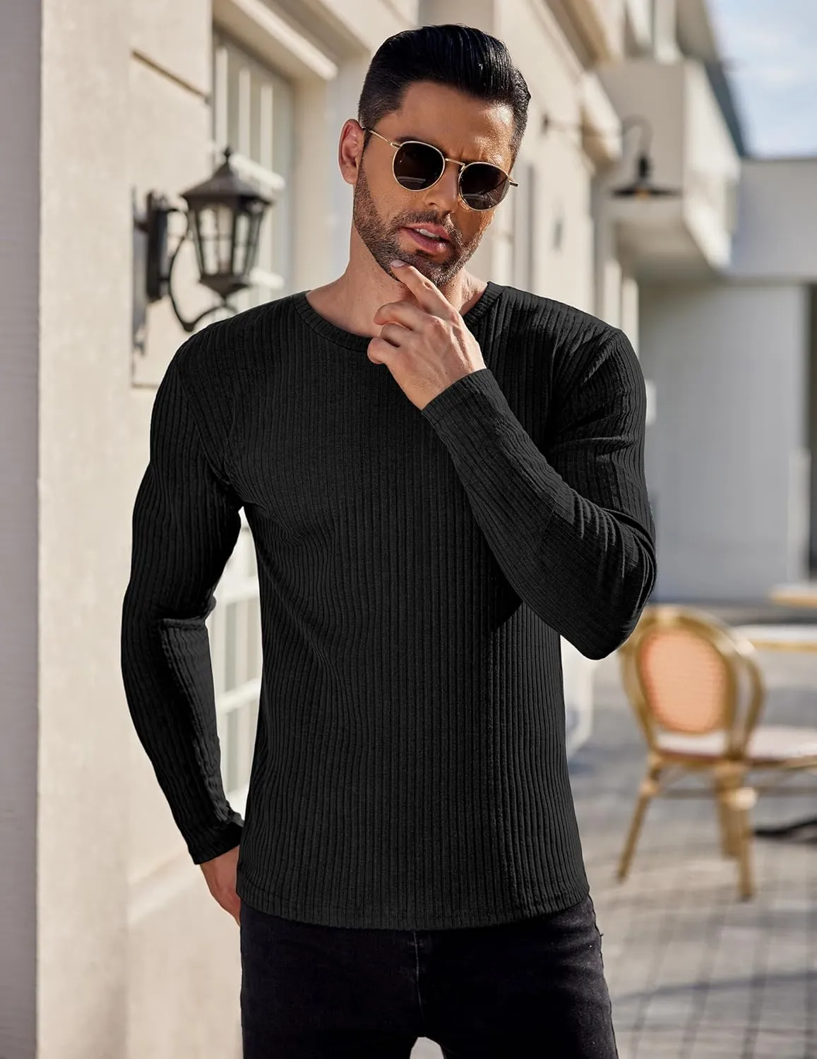 Ekouaer Men's Long Sleeve Shirts Ribbed Pullover Sweater Sim Fit Thermal Tops Crew Neck Stretchy Undershirts S-XXL