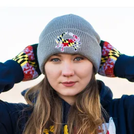 Embroidered Maryland Full Flag Crab (Grey) / Slouchy Knit Beanie Cap