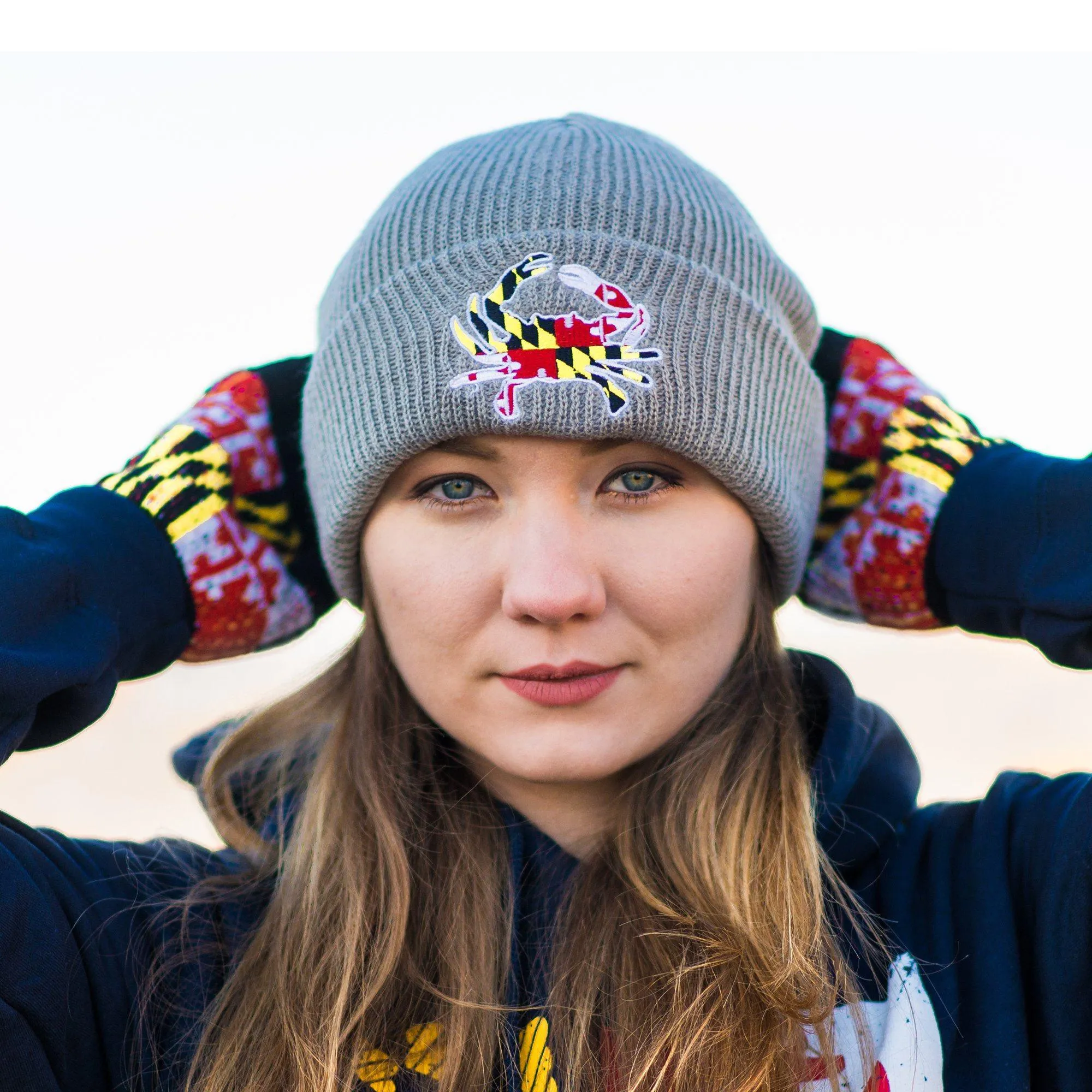 Embroidered Maryland Full Flag Crab (Grey) / Slouchy Knit Beanie Cap