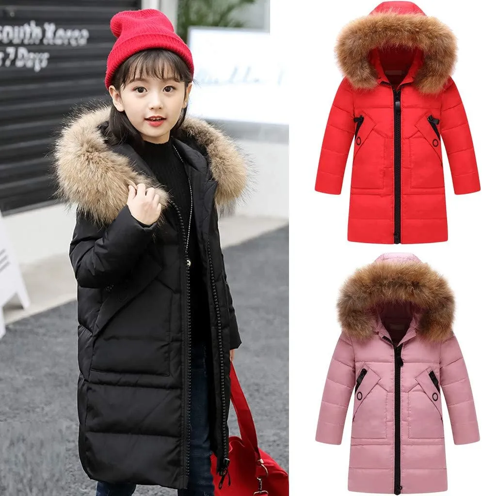 Girls Winter Padded Down Coats Thicken Long Parka Puffer Jacket Fleece Warm Water proof Outerwear with Hood
