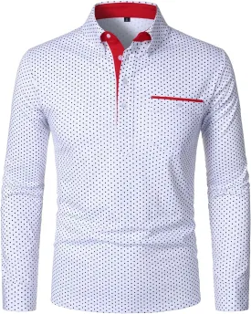 HOOD CREW Mens Fashion Polka Dot Collared Shirts with Pocket Long Sleeve Slim Fit Dress Polo Shirt for Men