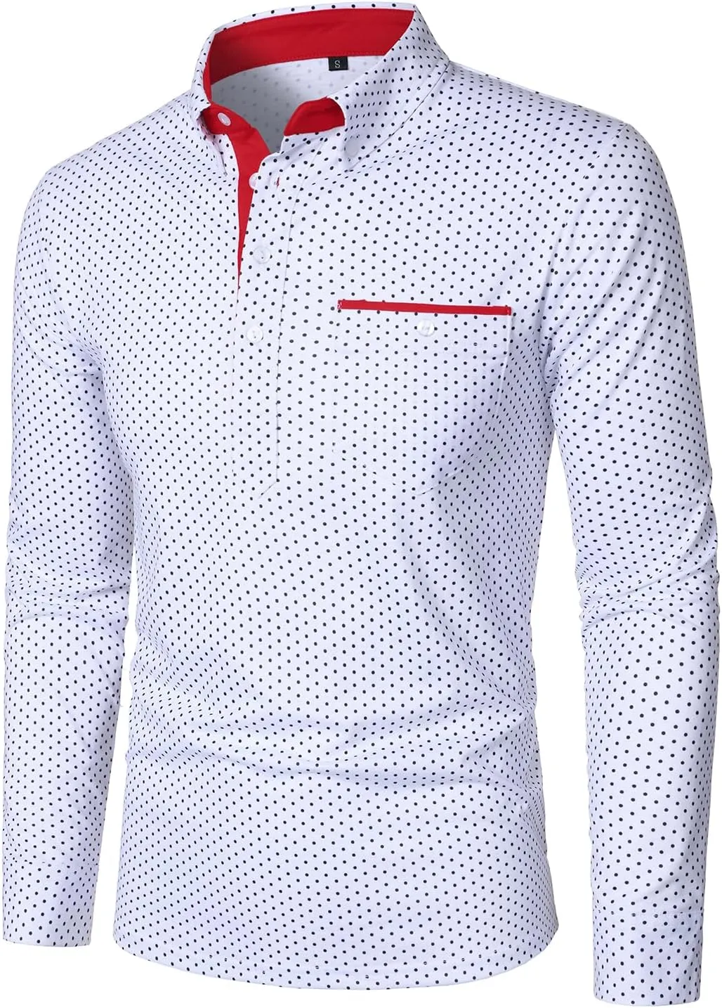 HOOD CREW Mens Fashion Polka Dot Collared Shirts with Pocket Long Sleeve Slim Fit Dress Polo Shirt for Men