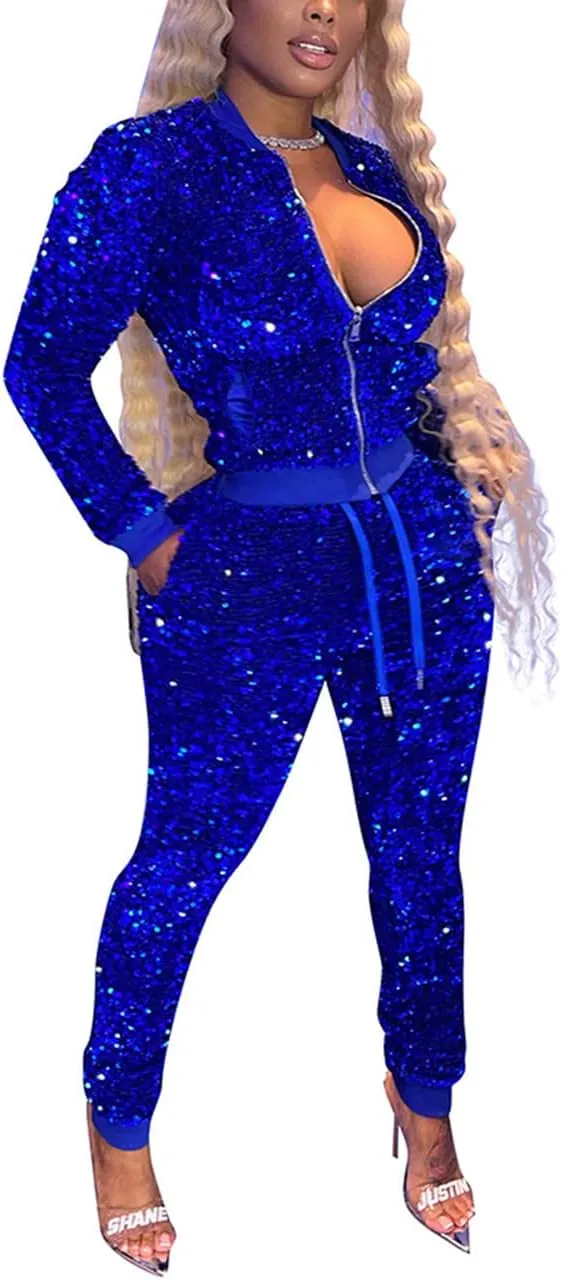 KANSOON Velour Tracksuit Womens Sequin 2 Piece Outfit Long Sleeve Zip Up Jacket and Jogger Pants Sweatsuits Set