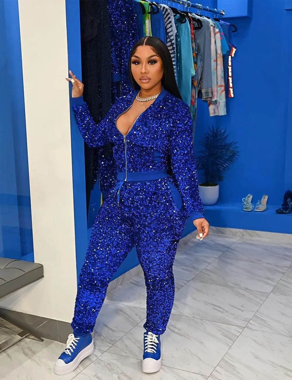 KANSOON Velour Tracksuit Womens Sequin 2 Piece Outfit Long Sleeve Zip Up Jacket and Jogger Pants Sweatsuits Set