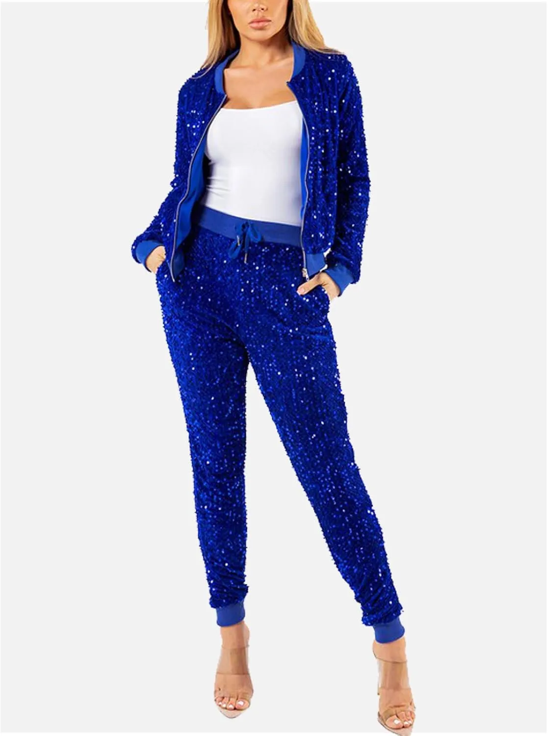 KANSOON Velour Tracksuit Womens Sequin 2 Piece Outfit Long Sleeve Zip Up Jacket and Jogger Pants Sweatsuits Set