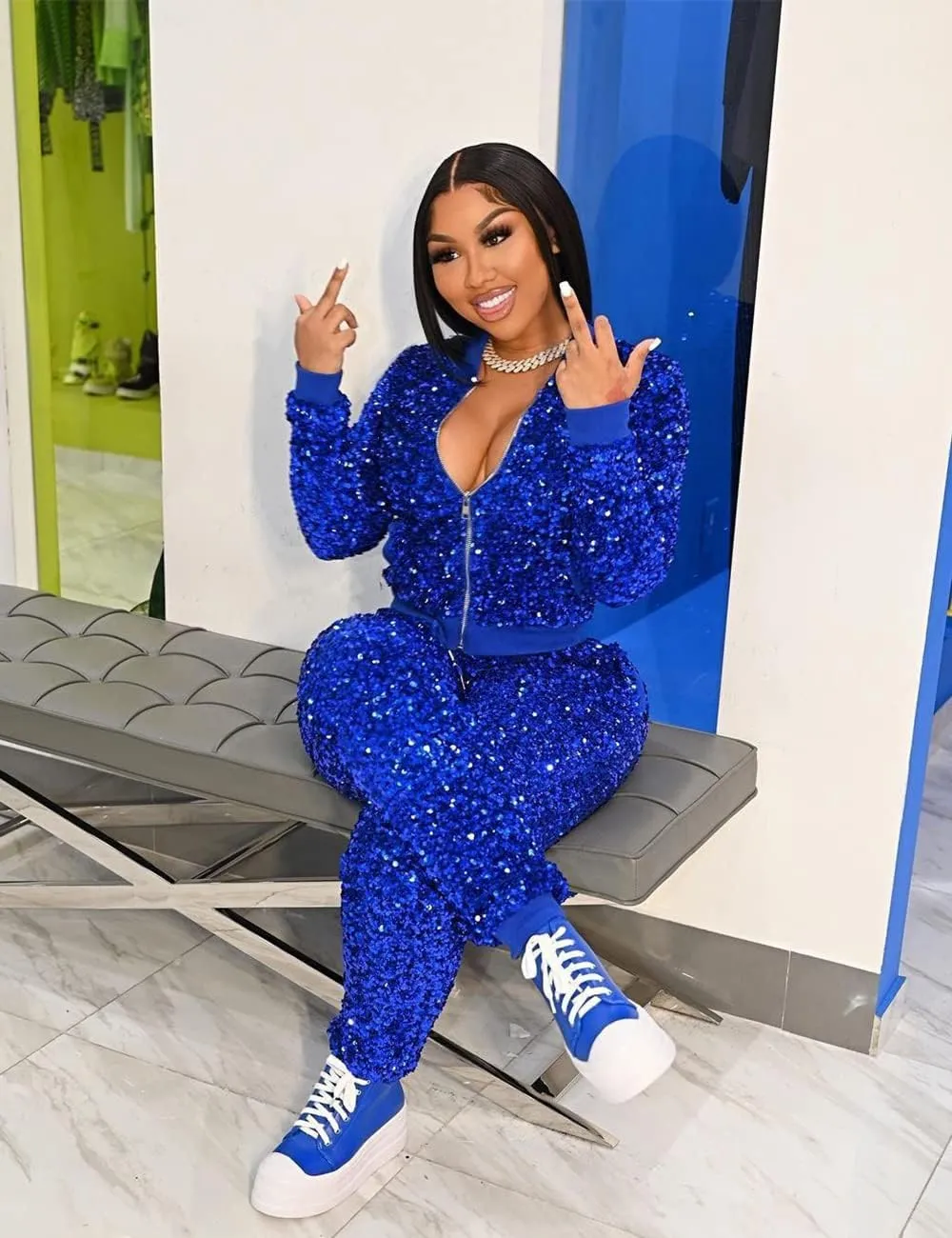 KANSOON Velour Tracksuit Womens Sequin 2 Piece Outfit Long Sleeve Zip Up Jacket and Jogger Pants Sweatsuits Set