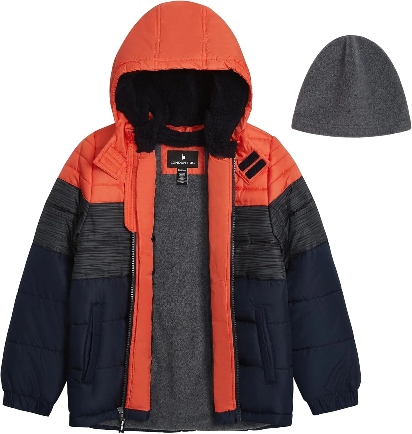 LONDON FOG Boys' Heavyweight Hooded Puffer Jacket with Sherpa-Lined Hood & Fleece Beanie