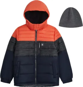LONDON FOG Boys' Heavyweight Hooded Puffer Jacket with Sherpa-Lined Hood & Fleece Beanie