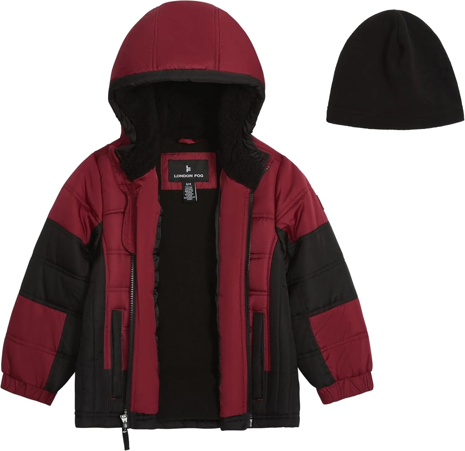 LONDON FOG Boys' Sporty Heavyweight Hooded Puffer Jacket and Fleece Beanie