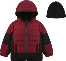 LONDON FOG Boys' Sporty Heavyweight Hooded Puffer Jacket and Fleece Beanie