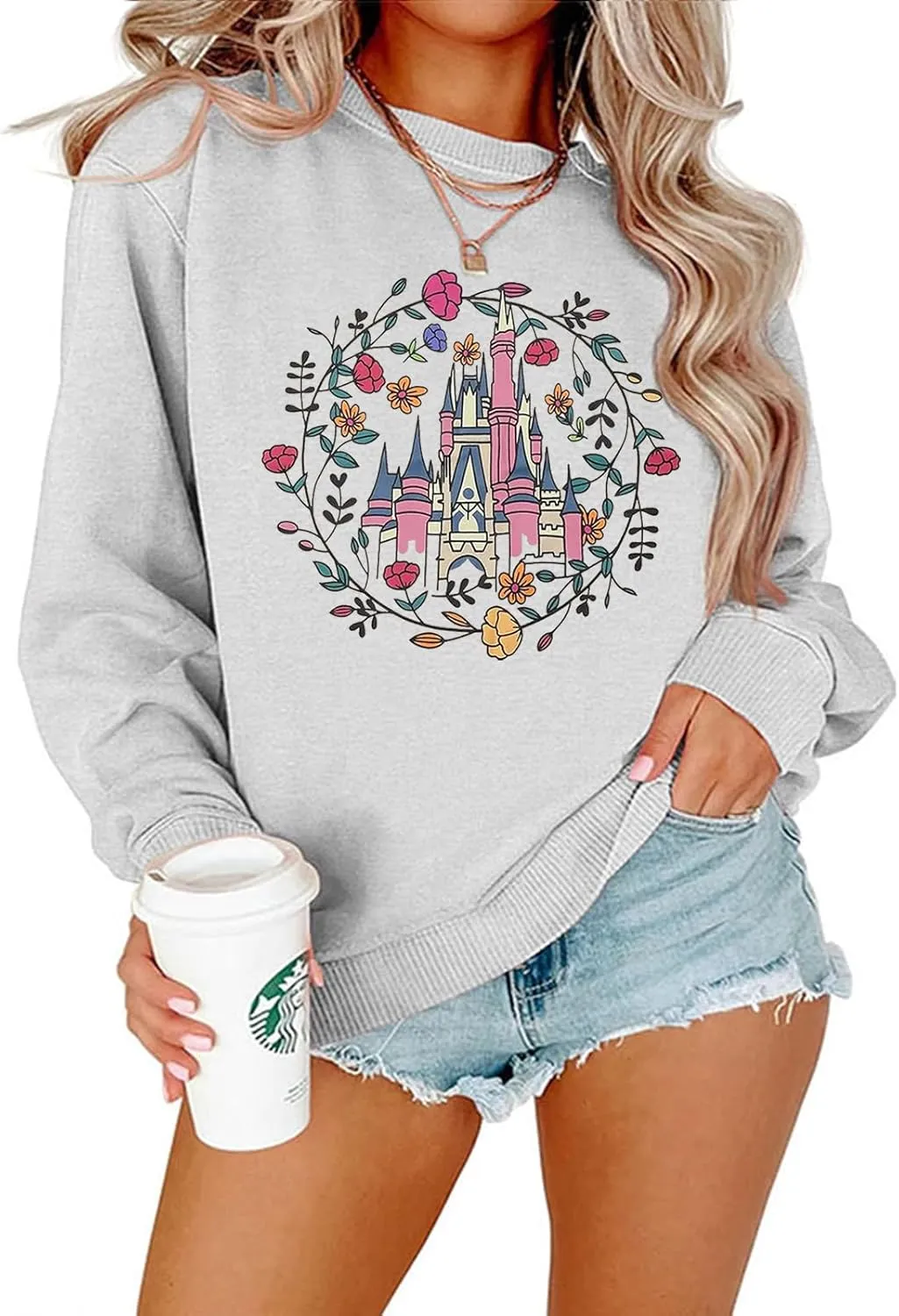 Magical Castle Sweatshirts for Womens Crewneck Long Sleeve Hoodies Letter Print Pullover Tops