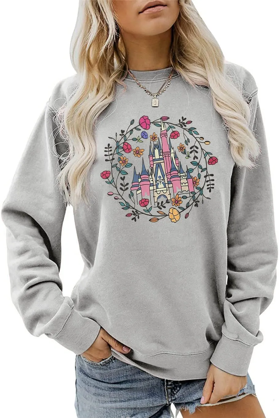 Magical Castle Sweatshirts for Womens Crewneck Long Sleeve Hoodies Letter Print Pullover Tops