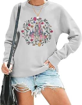 Magical Castle Sweatshirts for Womens Crewneck Long Sleeve Hoodies Letter Print Pullover Tops