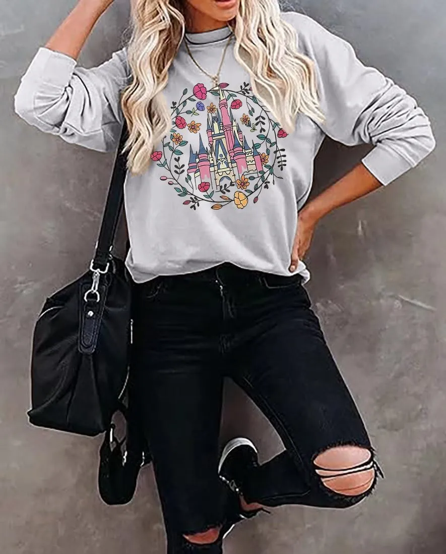 Magical Castle Sweatshirts for Womens Crewneck Long Sleeve Hoodies Letter Print Pullover Tops