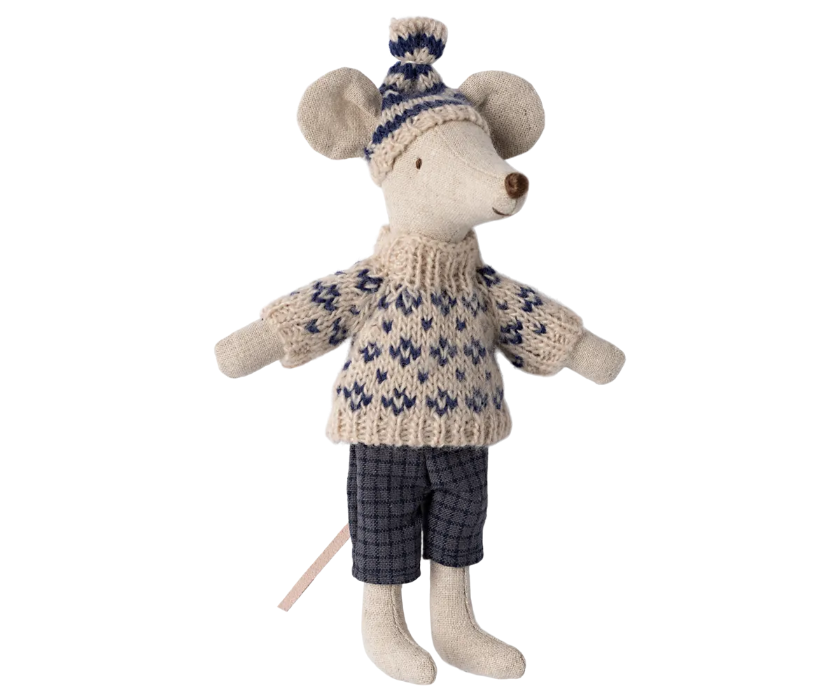Maileg Blue Winter Mouse with Ski Set – Dad