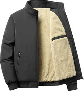 Men's Business Casual ThickenTop Jacket Stand Collar Sherpa Lined Jackets Warm Winter Padded Bomber Outerwear