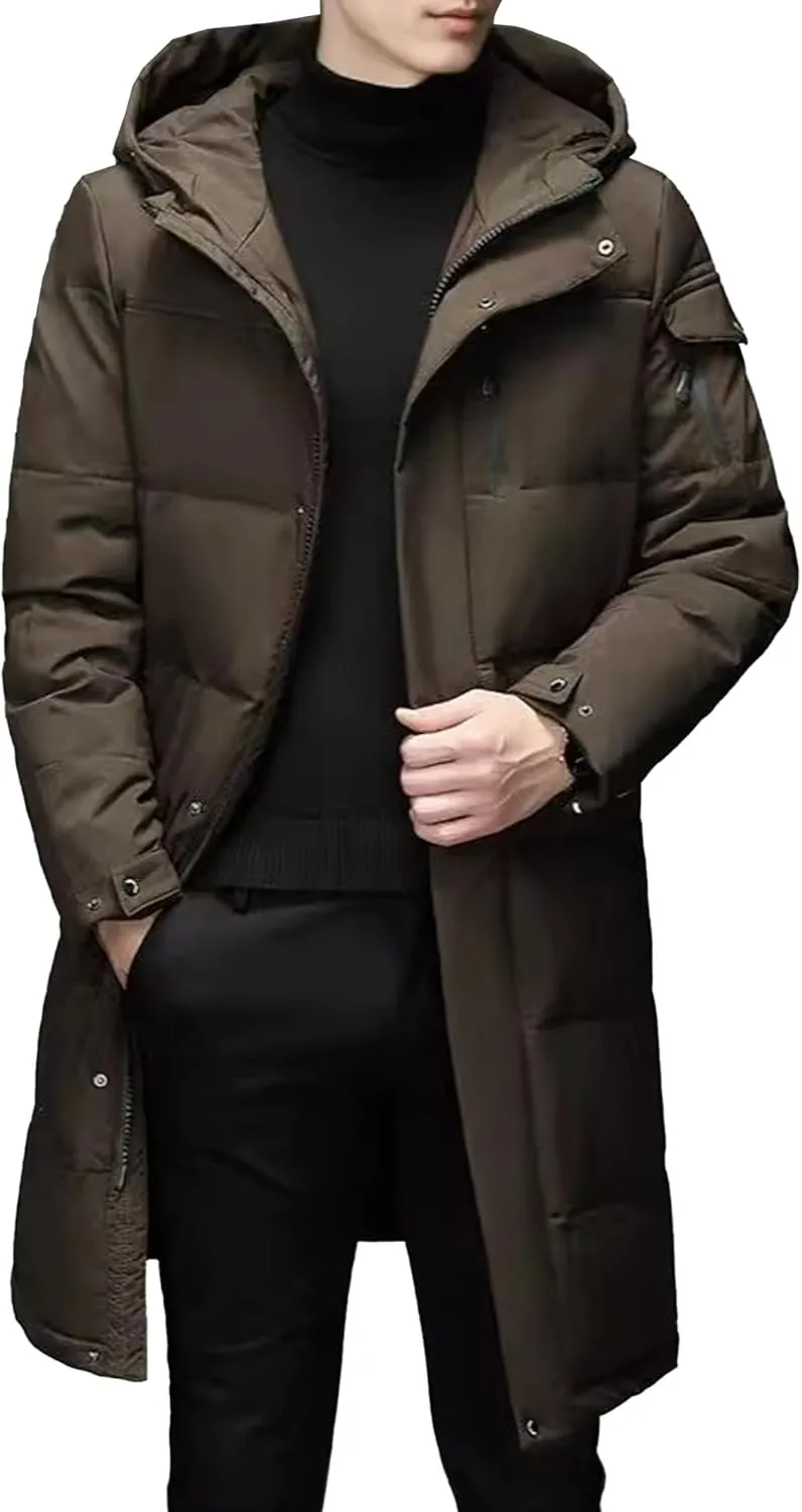Men's Long Winter Warm Down Coats Padded Hood Puffy Quilted Jacket Insulated Heavyweight Hooded Coat