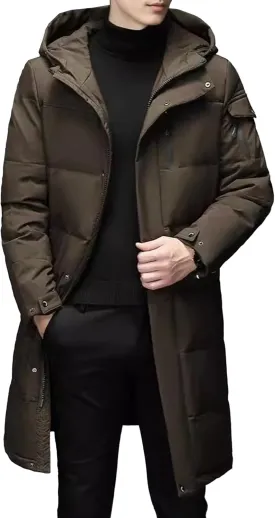 Men's Long Winter Warm Down Coats Padded Hood Puffy Quilted Jacket Insulated Heavyweight Hooded Coat