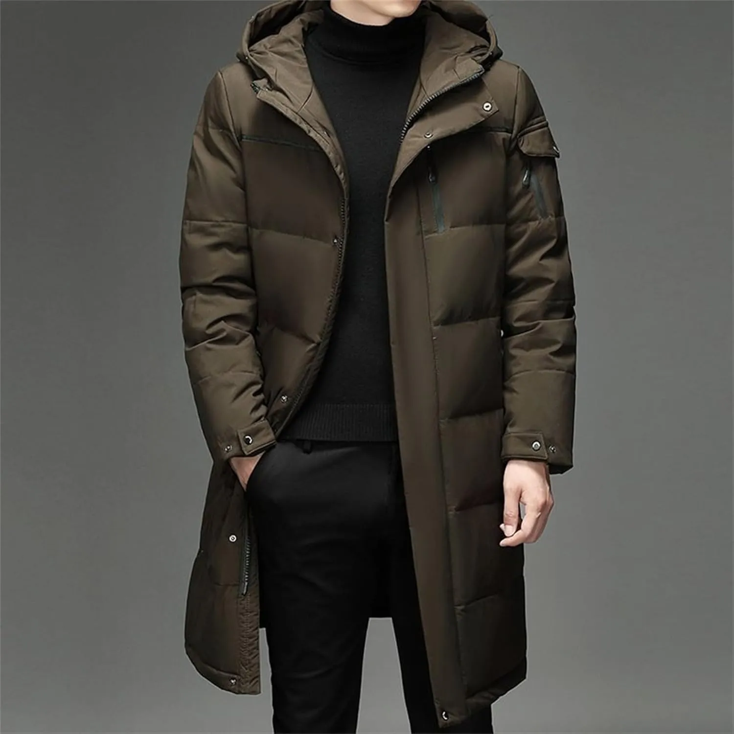 Men's Long Winter Warm Down Coats Padded Hood Puffy Quilted Jacket Insulated Heavyweight Hooded Coat
