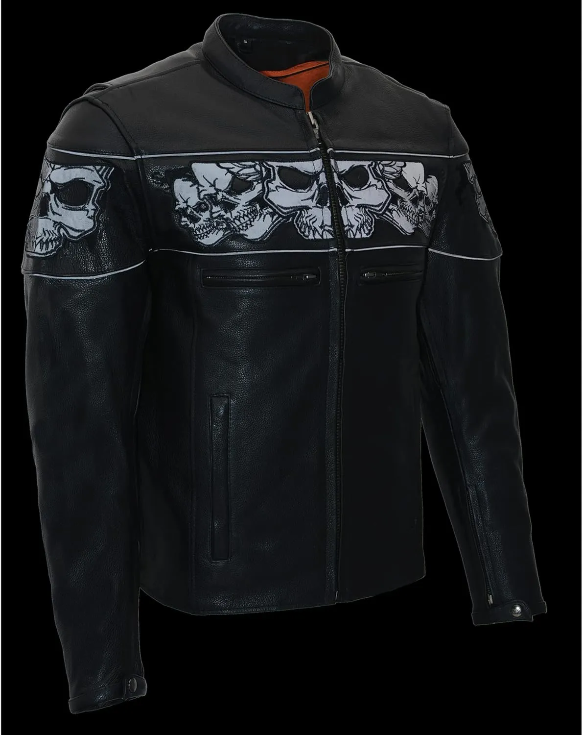 Milwaukee Leather Men's Crossover Stand Up Collar Motorcycle Jacket MLM1500 w/Reflective Skulls & Two Inside Gun Pockets