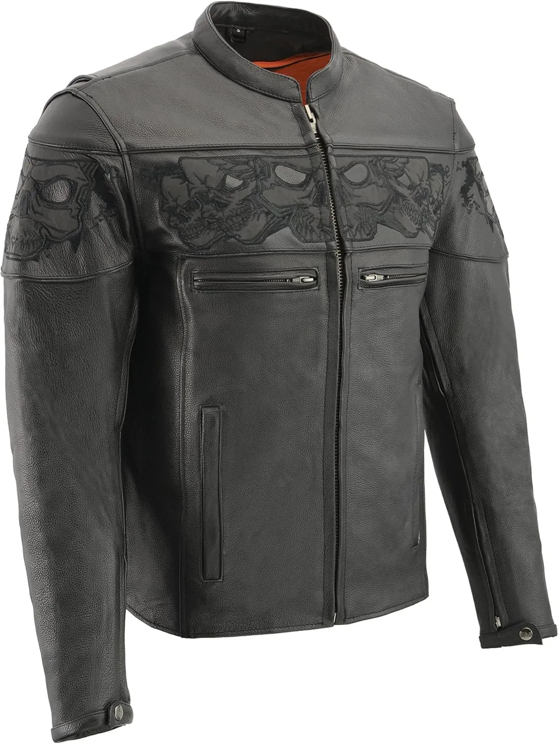 Milwaukee Leather Men's Crossover Stand Up Collar Motorcycle Jacket MLM1500 w/Reflective Skulls & Two Inside Gun Pockets