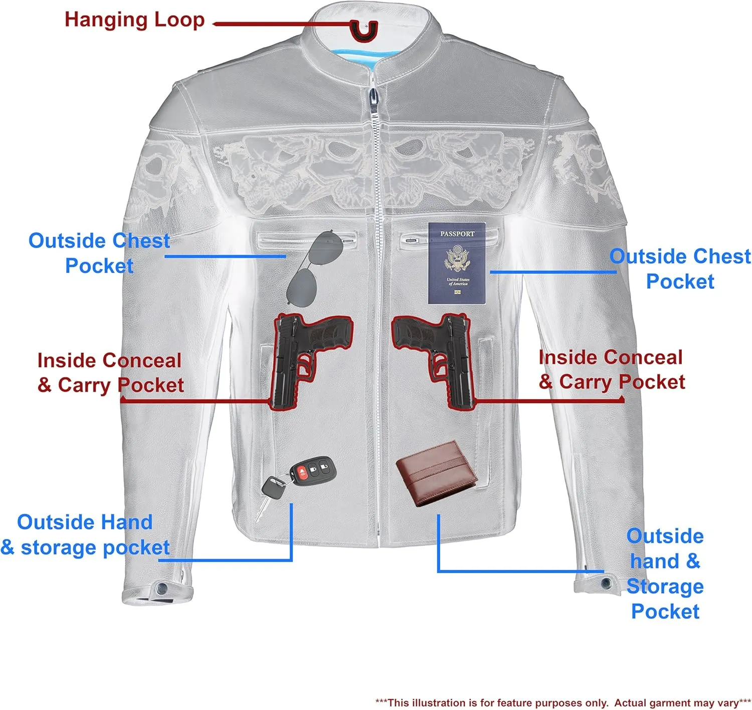 Milwaukee Leather Men's Crossover Stand Up Collar Motorcycle Jacket MLM1500 w/Reflective Skulls & Two Inside Gun Pockets